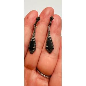 Vintage Sterling Silver Onyx Marcasite Earrings